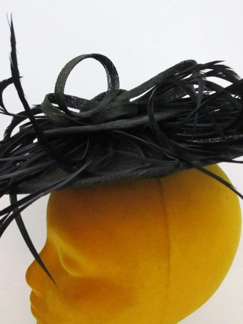 Whimsical Black Straw Platter Hat Dancing Feathers England